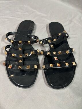 Black Studded Jelly Sandals Gold Pyramid Studs Gladiator Style